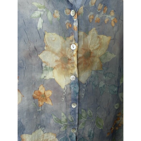 Sheer Women’s Short Sleeve Floral Blouse Size L Blue Button Up Layer Boho Top - Picture 6 of 7